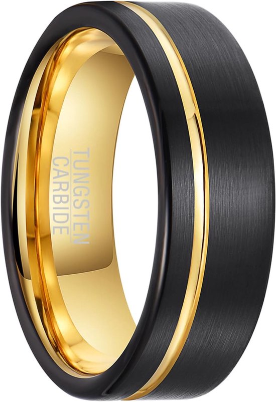 1 piece black atmospheric tungsten steel ring for men and women with wide surface 8mm gold tungsten carbide between - ShopVlot