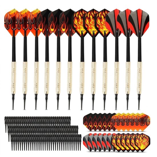 12 stuks dartpijlen soft tip – zwart goudkleurig rood oranje – dartpijlen set met vlam patroon – inclusief verwisselbare flights en zwarte kunststof dartpunten