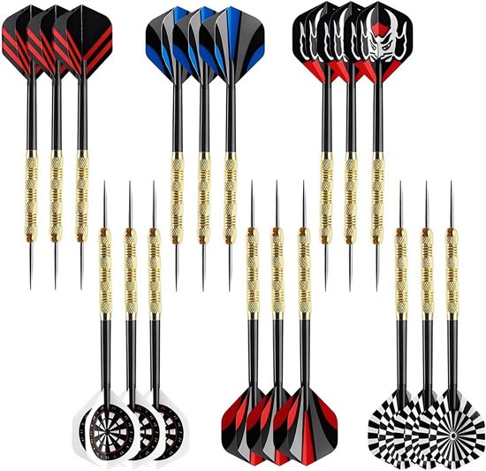 18 professionele dartpijlen van staal, dartset met schacht en flights, dartpijlen met metalen punt, 6 patronen, perfect voor familie, feestjes en Kerstmis, cadeau, beginners en amateurs