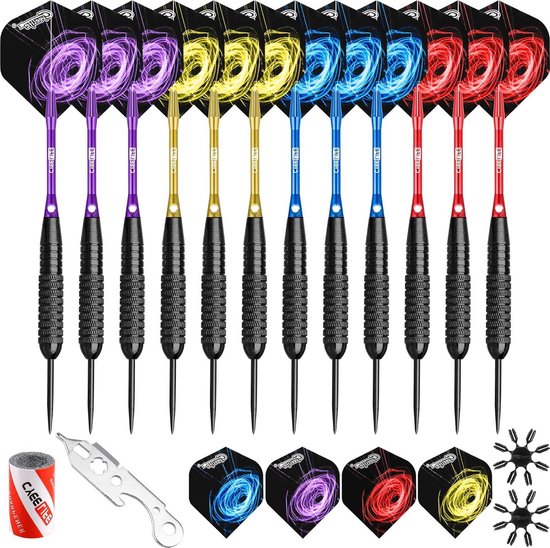 22-28g dartpijlen met metalen punt en aluminium shafts - set inclusief slijper, gereedschap, 16 flights en 16 flightdoppen - stalen darts van Precision Blaze