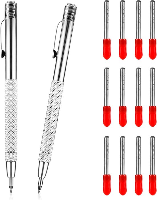 2Pcs Tungsten Carbide Scriber - Carbide Scriber Pen met Magnetische Scribe Tool - Extra 12 Vervangende Rode Hoed Markeringspunt voor Glas/Metaalplaat