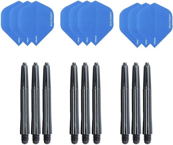 3 sets (9 stuks) Super Sterke Aqua Blauwe Poly XS100 - flights - en 3 sets (9 stuks) zwarte - shafts van Bull's