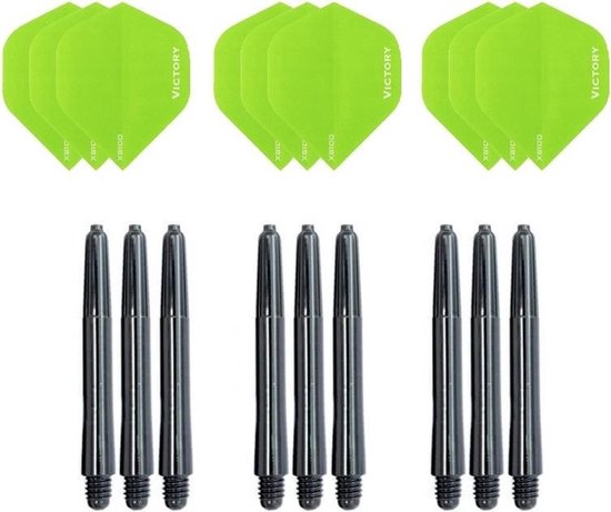3 sets (9 stuks) Super Sterke Groene Poly XS100 - dart flights - en 3 sets (9 stuks) zwarte - dart shafts van Target