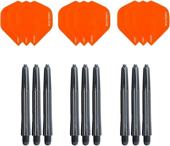 3 sets (9 stuks) Super Sterke Oranje Poly XS100 - dart flights - en 3 sets (9 stuks) zwarte - dart shafts van Mission