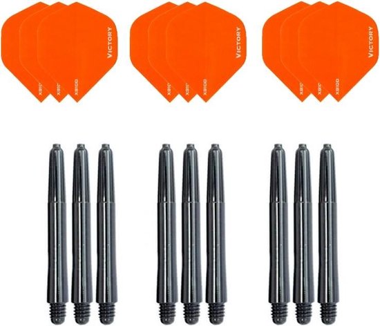 3 sets (9 stuks) Super Sterke Oranje Poly XS100 - flights - en 3 sets (9 stuks) zwarte - shafts van Bull's