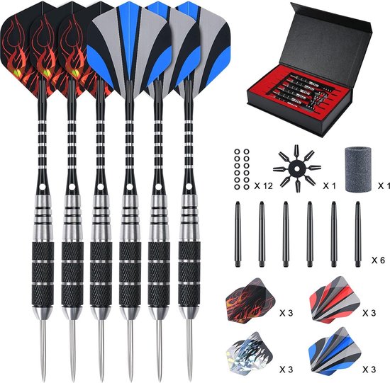 3/6 stuks professionele steeldarts, dartpijlen met metalen punt, stalen dartpijlen met pvc-schachten, antislip roestvrijstalen schachten, flights, anti-losse rubberen ringen, van WIN.MAX