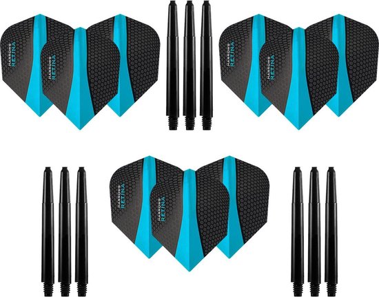 9 stuks Retina – Aqua - Blauw – Darts flights - en 9 stuks - Medium – darts shafts van Target
