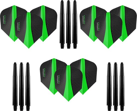 9 stuks Retina – Groen – Darts flights - en 9 stuks - Medium – darts shafts van Target