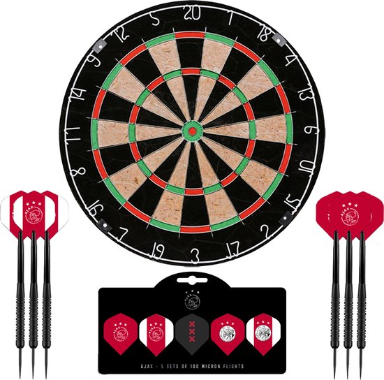 Ajax Dartbord - Dartbord met 6 dartpijlen - Multipack 5 Sets Dart Flights - Dart Shafts - Darts - Cadeau van Ajax