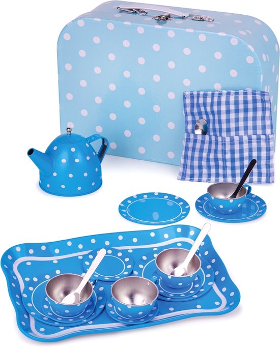 Bigjigs blikken servies blauw/wit in koffer serviesje van Bigjigs