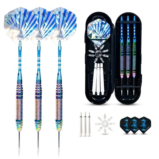 Blauw zilverkleurige dartpijlen 23 gram – 3 stuks steel tip darts met metalen punten – dartpijlen set met geribbelde grip en geometrische flights – inclusief extra shafts, flights, ringen en opbergdoos