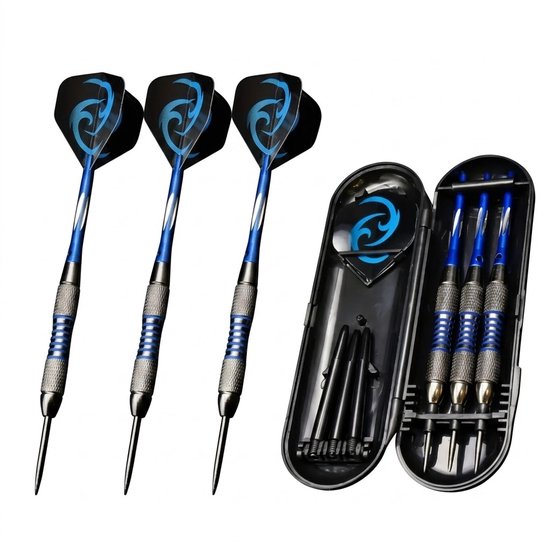 Blauw zwarte dartpijlen set 22g met metalen barrel en aluminium schacht – darts voor heren en dames – dartpijlen met blauwe flights, geribbelde grip en draagbaar dart etui – dartset met 6 darts en accessoires voor dartspel van Merkloos