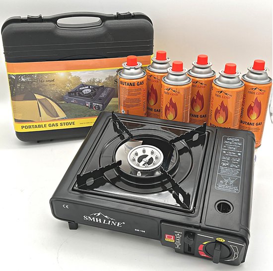Camping kooktoestel - Draagbaar Gasfornuis - Incl. 6x gasflessen en koffer van Merkloos