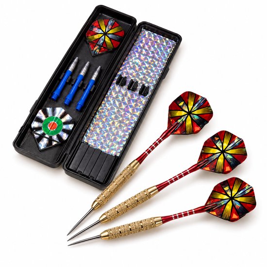Cheqo® Dartpijlen Set van 3 - Steeltip Darts - Brass Darts met Gekartelde Grip - Complete Dartset met Opbergdoos - Inclusief 6 Flights - 3 Extra Shafts - Pijlen voor Sisal Dartbord - Darten voor Beginners en Hobbyspelers van Cheqo®