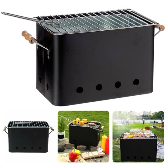 Cheqo® Draagbare BBQ - Kleine Barbecue voor Camping - Houtskoolbarbecue - Compact Ontwerp - 72x24cm - Zwart van Cheqo®