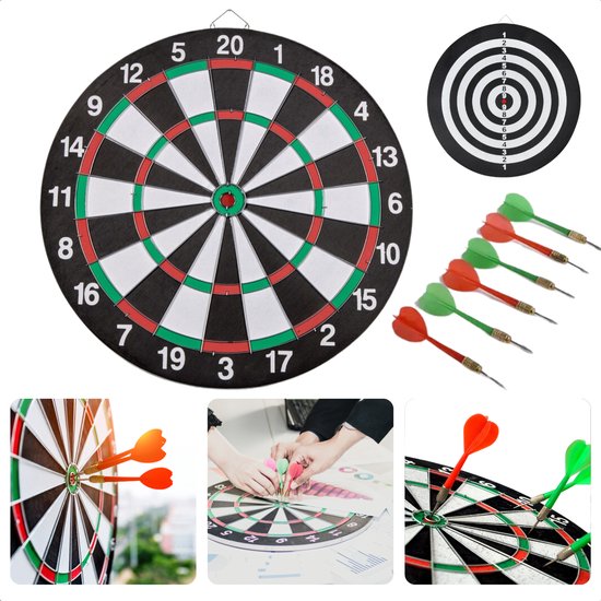 Cheqo® Dubbelzijdig Dartbord met Dartpijlen - Inclusief 6 Darts - Darten - Dart Bord van Cheqo