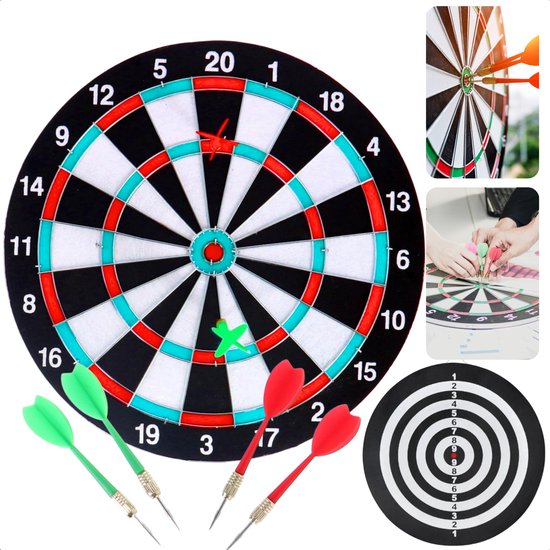 Cheqo® Tweezijdig Dartbord Set - Darten Set - Met Dartpijlen - 37 cm - Inclusief 6 Pijlen - Voor Kinderen en Volwassenen - Dubbelzijdig - Inclusief EBOOK van Cheqo®