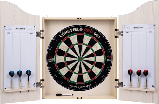 Dart Cabinet Hout Licht Eiken – Sisal Dartbord – 6 Steeltip Darts 18 g – Marker & Wisser – Westrijdbord – Beschermt Muur en Dartbord – Longfield van Engelhart