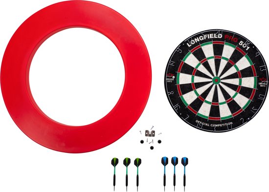 Dartboard Pro501 inclusief PU surround rood met 2 sets darts. van Abbey Darts