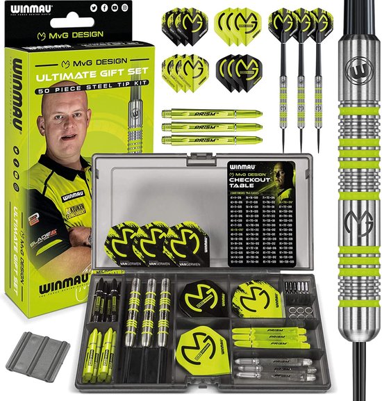 Dartbord cadeauset - Michael Van Gerwen MvG - 50-delige dartset met 4 sets schachten en 4 sets vluchten plus accessoires van Merkloos