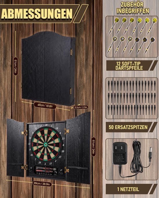 Dartbord Elektronisch - Met Houten Kast - 48x48x61 cm - 9 kg - Voor Volwassenen - Soft-tip Dartbord
