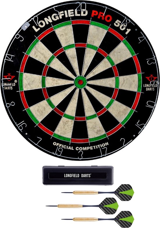 Dartbord Longfield professional 45.5 cm met 3x goede kwaliteit dartpijltjes - Darten voor thuis - Voordeelset van Dart