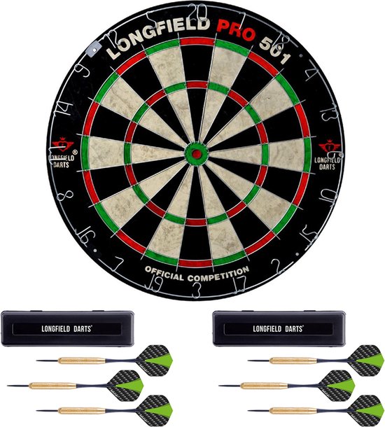 Dartbord Longfield professional 45.5 cm met 6x goede kwaliteit dartpijltjes - Darten voor thuis - Voordeelset van Dart