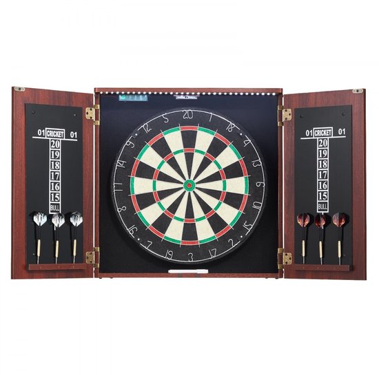 Dartbord met Kast - Dartkast Set - Officiële Wedstrijdmaat - LED Verlichting - Steeltip Dartpijlen - Sluitbare Kast - Eenvoudige Wandmontage - Compleet Met Accessoires van MaxxSports