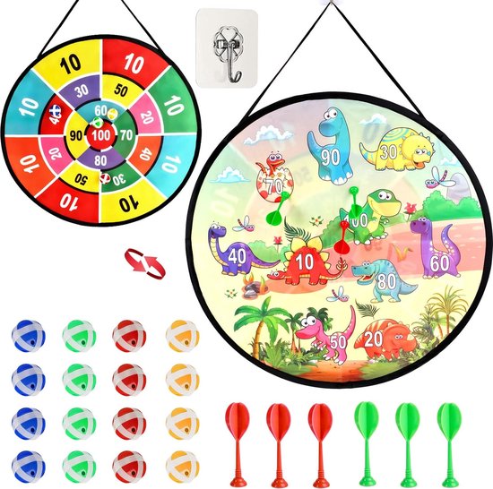 dartbord voor kinderen, 66 cm dinosaurus thema dartbord met 16 plakballen en 4 darts werpschijf, veilig kinderspeelgoed, buiten binnenspel voor jongens en meisjes vanaf 3 jaar van Dart