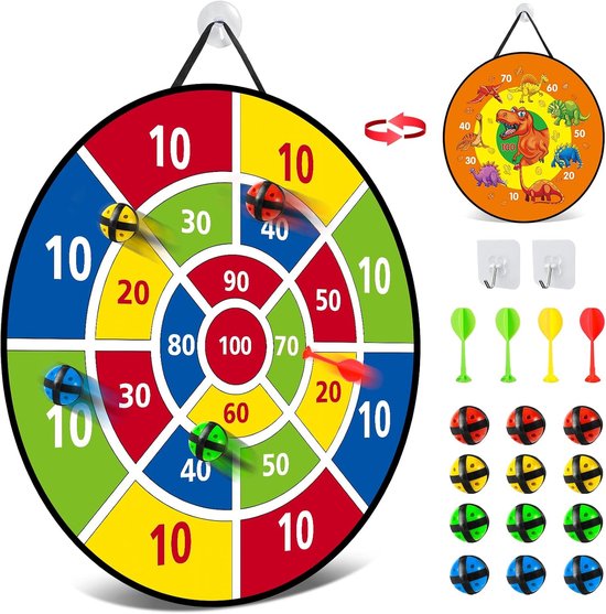 Dartbord voor kinderen - Klittenband dartbord 66 cm - Dubbelzijdig dartbord - Opvouwbaar dartbord - Dartspel voor kinderen met 12 ballen en 4 darts - Dartbordspeelgoed voor binnen en buiten