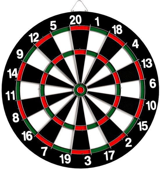 Dartbord X1 - 43 cm, tweezijdig speelbaar, klassiek, met 6 pijlen, voor thuis, steeldarts, zwart-wit van Merkloos