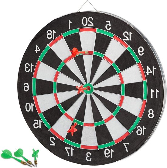 Dartbord X1 43 cm tweezijdig speelbaar klassiek met 6 pijlen voor thuis - zwart-wit - steeldarts - koop nu van Dart