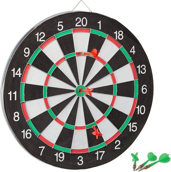 dartbord X2 - met 6 pijlen - 43 cm - dubbelzijdig - klassiek - voor tuin - thuis - steeldarts - zwart-wit van Longfield