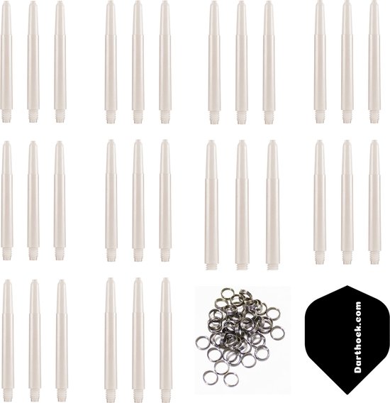 Darthoek naturel dart shafts| 10 sets (30 stuks) |Short | + 10 sets (30 stuks) veerringen + 1 set darthoek flights van Darthoek