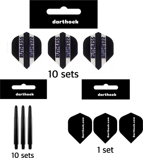 Darthoek| Ruthless |Flights (30 stuks) en Shafts (30 stuks) Medium Zwart |60 stuks totaal + 1 Set Darthoek flights