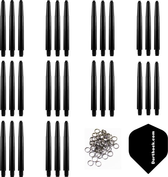 Darthoek zwarte dart shafts| 10 sets (30 stuks) |Inbetween | + 10 sets (30 stuks) veerringen + 1 set darthoek flights van Darthoek