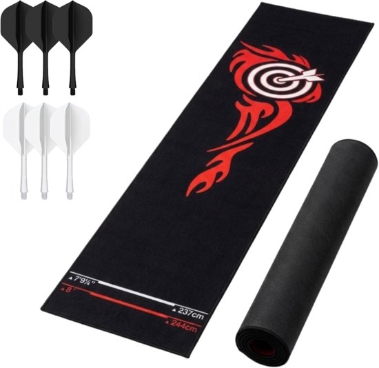 DartIQ® - Dartmat - Dartmat Met Oche Markering - Officiële Afmetingen - 260 x 60cm - 6 Extra Flights - Zwart/Rood Design - Antislip van Merkloos