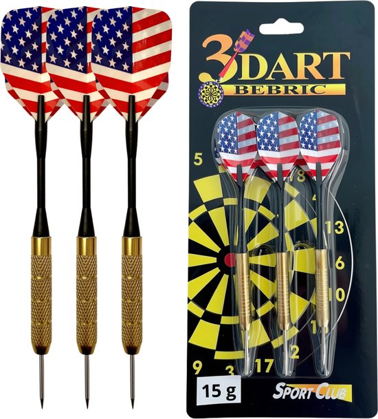 Dartpijlen 15 Gram – Professionele Set van 3 – Stalen Tip – Zwart met Messing Grip – Flights met Amerikaanse Vlag - Steel tip Darts