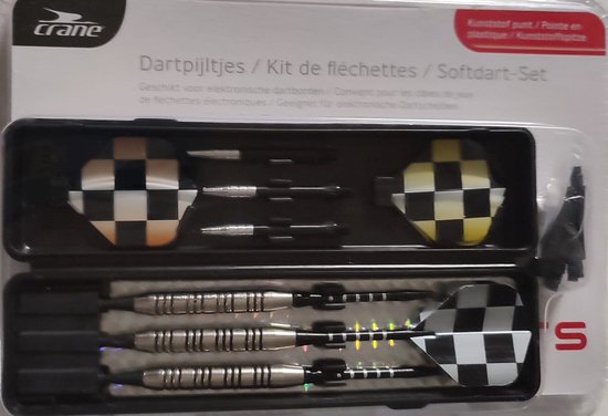 Dartpijltjes voor electronische dartborden /Kit de flechettes/ softdart - set kunststof punt verchroomd stalen barrel met profiel 18 g 10 extra punten lengte 160 mm 9 flights met designs 3 extra shafts