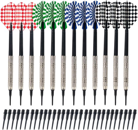 Darts - 12 Dartnaalden - 12 x 14 g - Darts met plastic punt - Inclusief 100 vervangende punten - Doelset - Zacht en duurzaam - Plastic - Darts - Rood, Zwart, Blauw, Groen van YelloWUIText