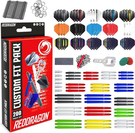 Darts accessoires set met 200 onderdelen - flights, shafts, beschermers, en slijper