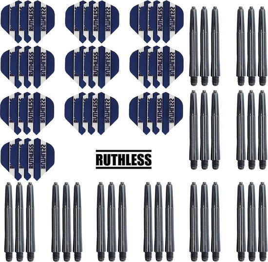 Darts Set - 10 Sets Ruthless Flights – dart flights – Donkerblauw – plus 10 sets Dragon – dart shafts – medium van Dart
