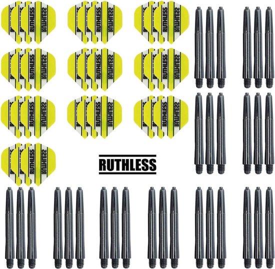 Darts Set - 10 Sets Ruthless Flights - dart flights - Geel - plus 10 sets Dragon - dart shafts - medium van Ruthless