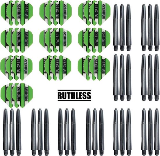 Darts Set - 10 Sets Ruthless Flights – dart flights – Groen – plus 10 sets Dragon – dart shafts – medium van Dart