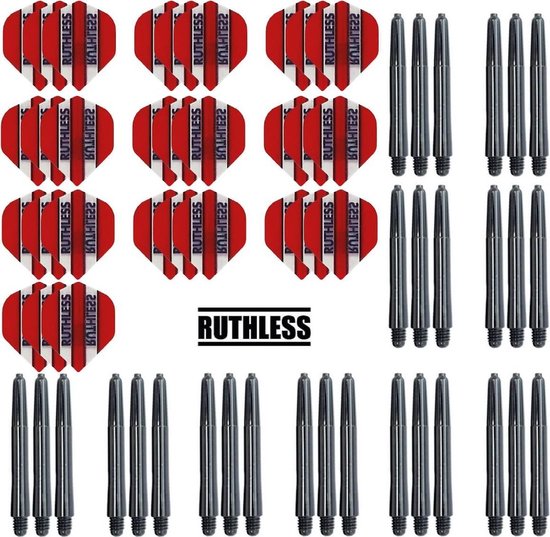 Darts Set - 10 Sets Ruthless Flights - dart flights - Rood - plus 10 sets Dragon - dart shafts - medium van Amigo