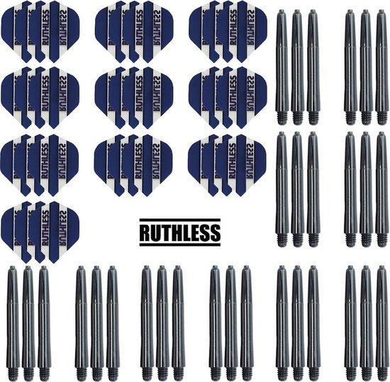 Darts Set - 10 Sets Ruthless Flights – darts flights – Blauw – plus 10 sets Dragon – darts shafts – medium van Ruthless