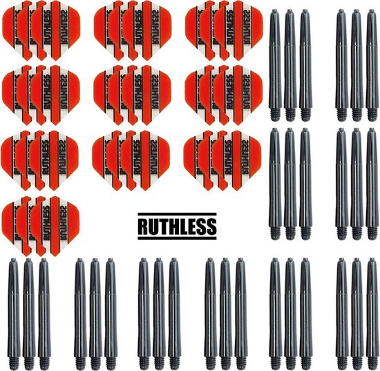 Darts Set - 10 Sets Ruthless Flights – darts flights – Oranje – plus 10 sets Dragon – darts shafts – medium van Dart