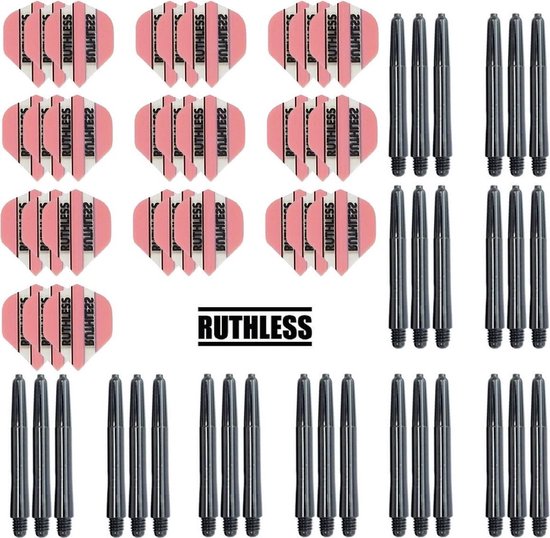 Darts Set - 10 Sets Ruthless Flights – darts flights – Roze – plus 10 sets Dragon – darts shafts – medium van Ruthless