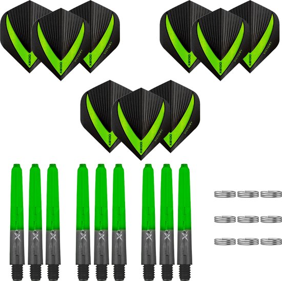 Darts Set - 18-delig - Maxgrip - 3 sets - dart shafts - zwart-groen - short - 3 sets - Vista-X - dart flights van Dart