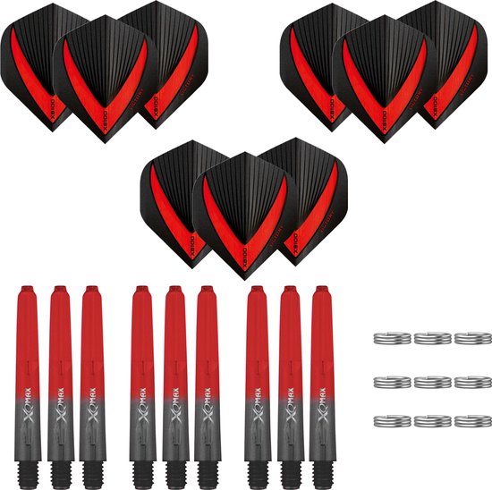 Darts Set - 18-delig - Maxgrip - 3 sets - dart shafts - zwart-rood - inbetween - 3 sets - Vista-X - dart flights van Dart